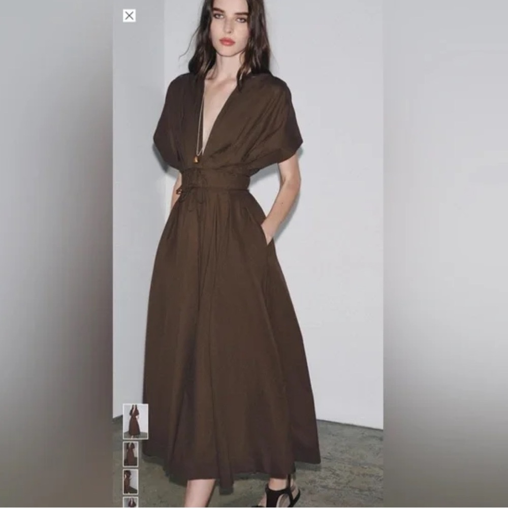Zara NWT Brown Pleated Midi Dress 9479/249 Size M
